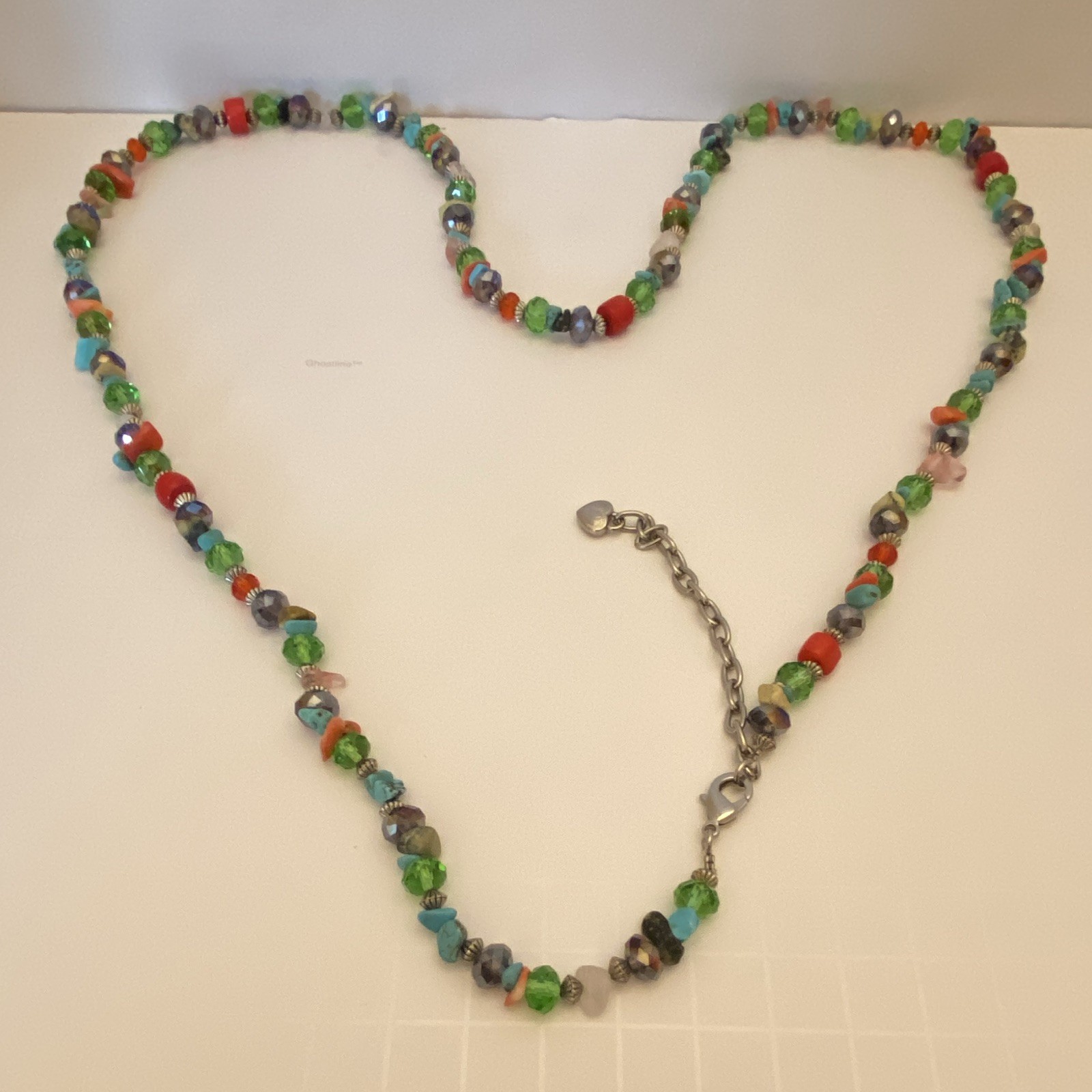Multicolor Glass Beaded Necklace with Crystal Accents Extender Lobster Clasp