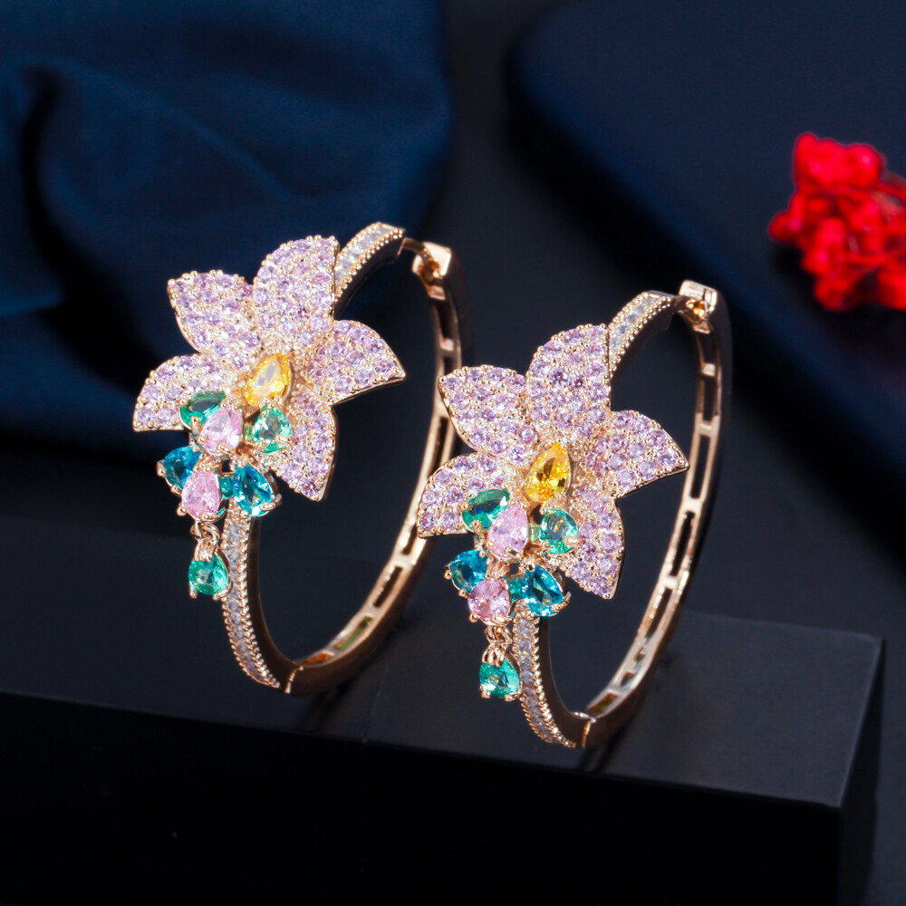Black Gold Plated Purple CZ Large Round Dangle Drop Tassel Flower Hoop Earrings