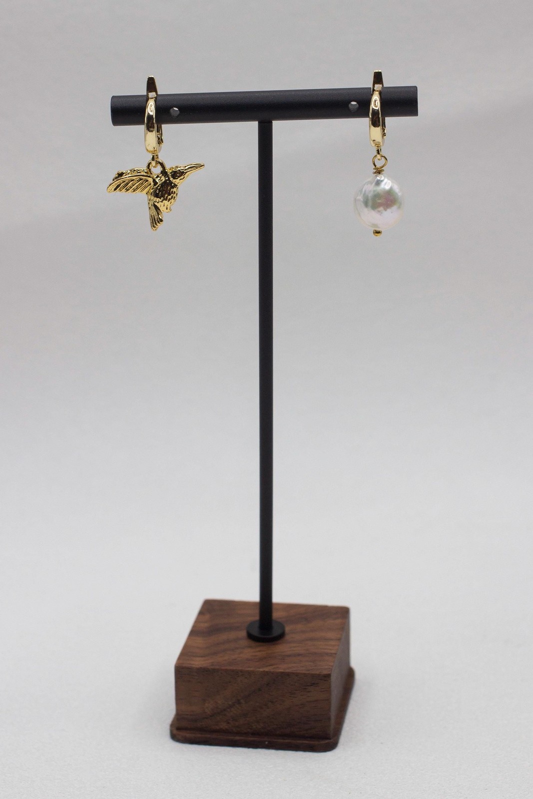 Asymmetrical Hummingbird and White Coin Pearl Drop Earrings, Gold Plated