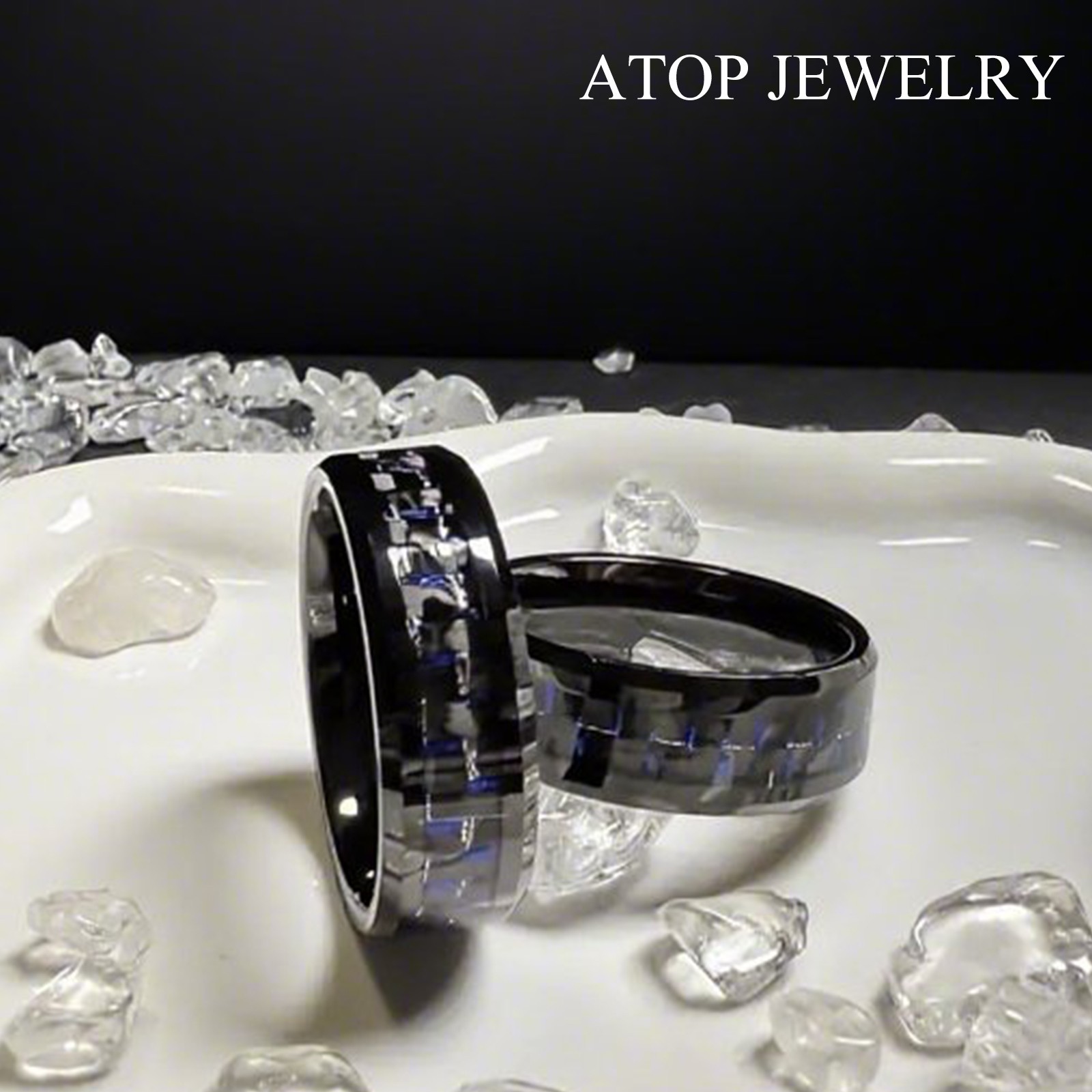8mm Black Tungsten Ring Black Blue Carbon Fiber Wedding Band ATOP Men’s jewelry