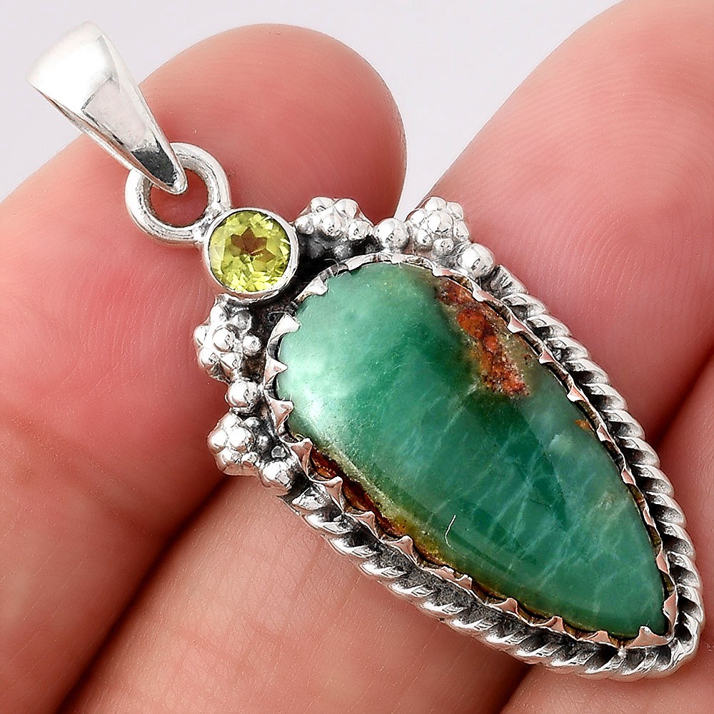 Boulder Chrysoprase and Peridot 925 Sterling Silver Pendant Jewelry P-1482