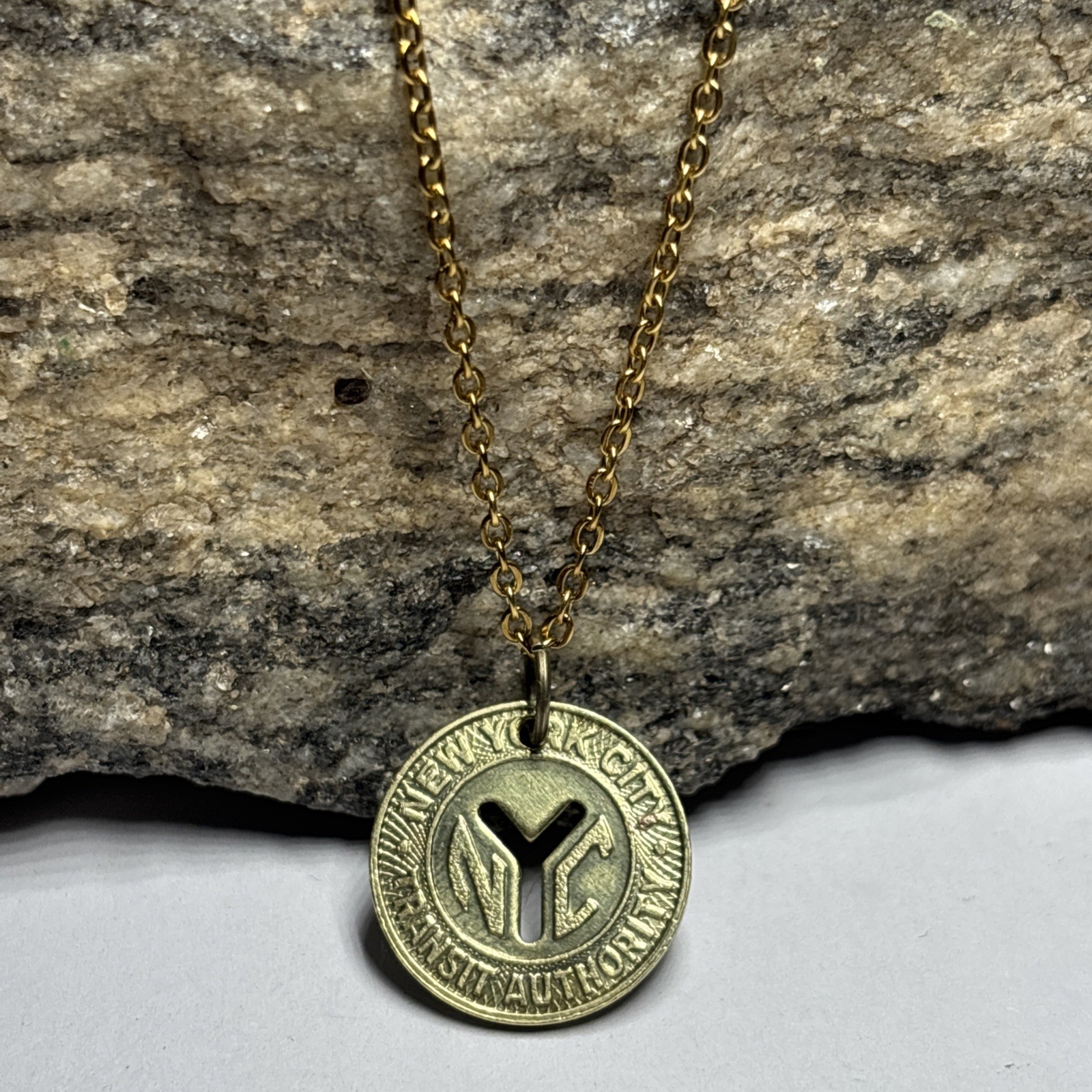 NYC 1953 New York City Subway token pendant. 18″ 14K Plate Chain. Wear History!