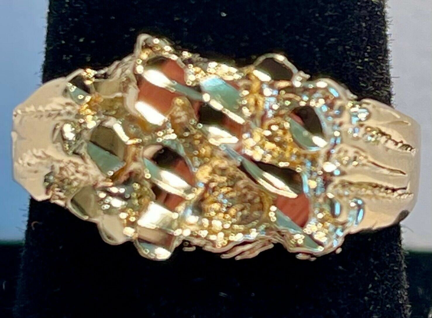 MENS,BOYS 14 KT GOLD PLATED DESIGNER NUGGET R4, SQUARED OFF RING SIZES 4-10