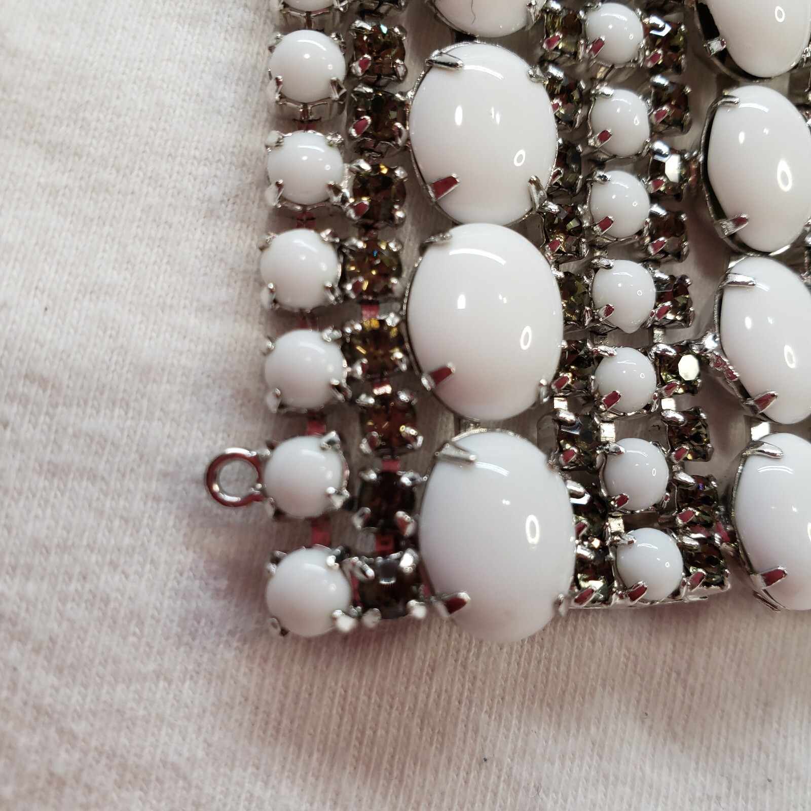 Milk Glass Bracelet With Crystal Rhinestones, 9 Rows. 7in Long 2in Wide