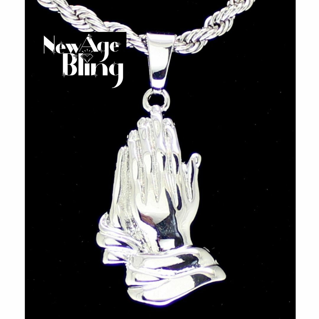 Silver Plated Praying Hands Pendant 24″ Rope Chain Hip Hop Necklace