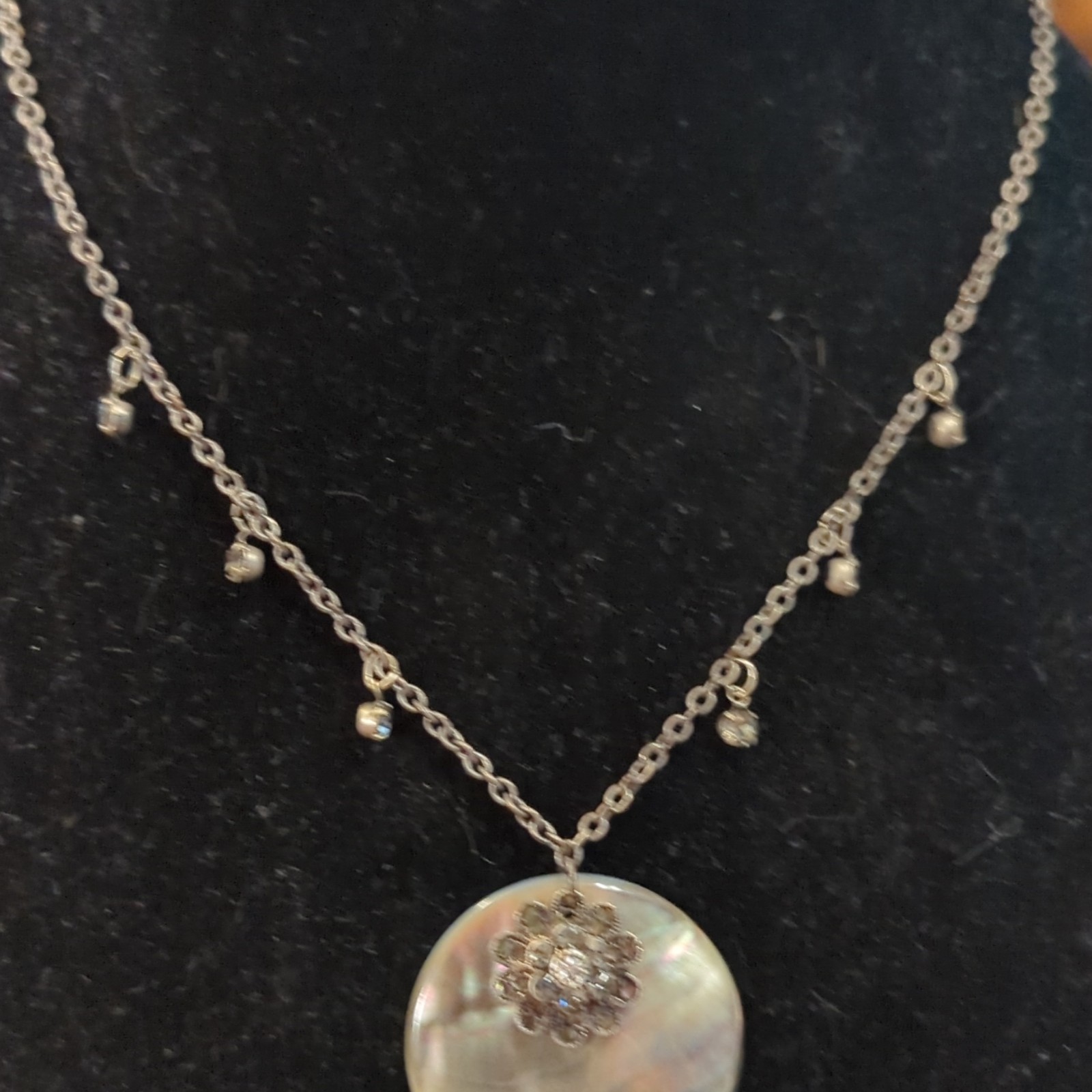 Silver Tone Cable Chain Necklace, Round Mother of Pearl Charm Crystal Floral