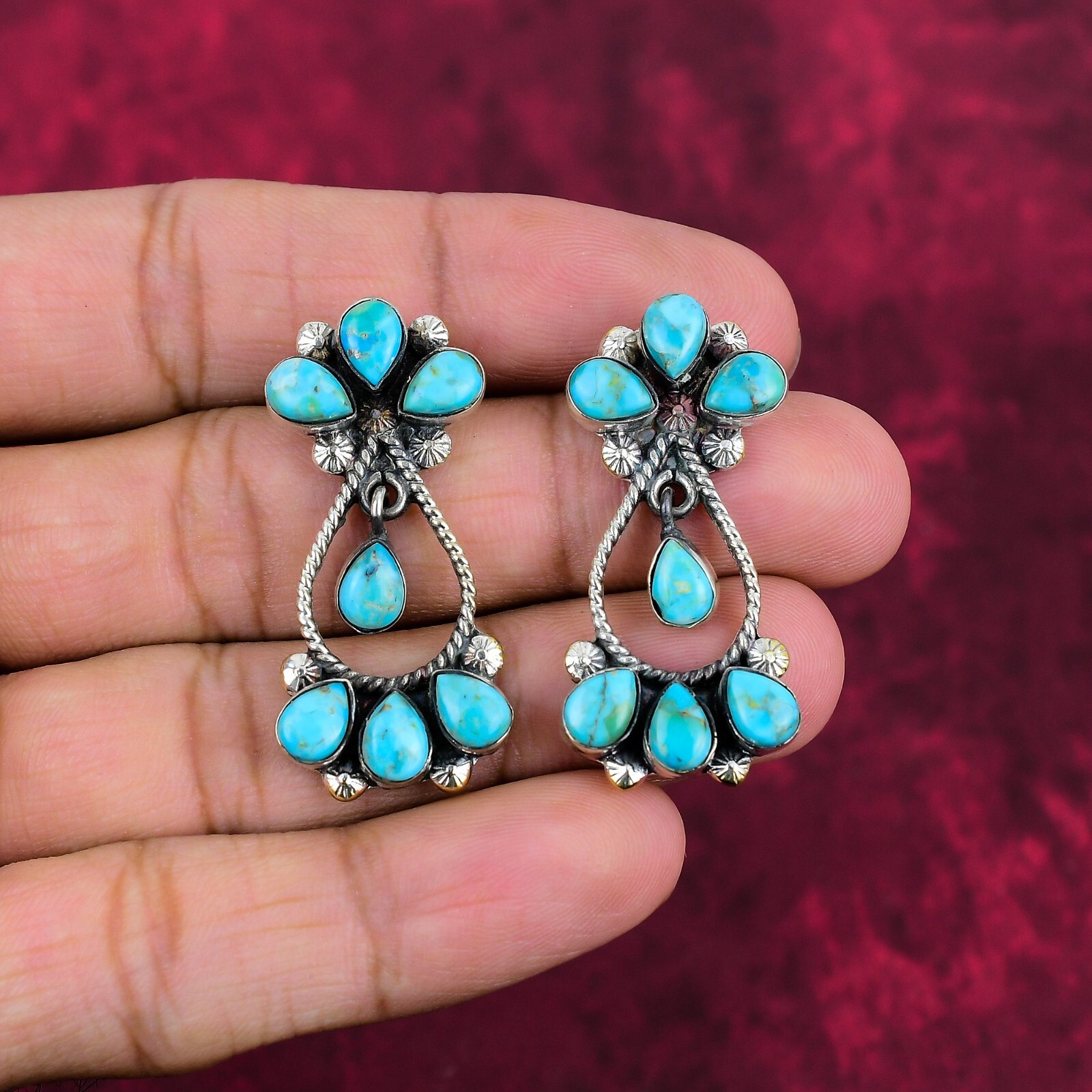 Tibetan Turquoise Gemstone Handmade 925 Sterling Silver Earrings Jewelry