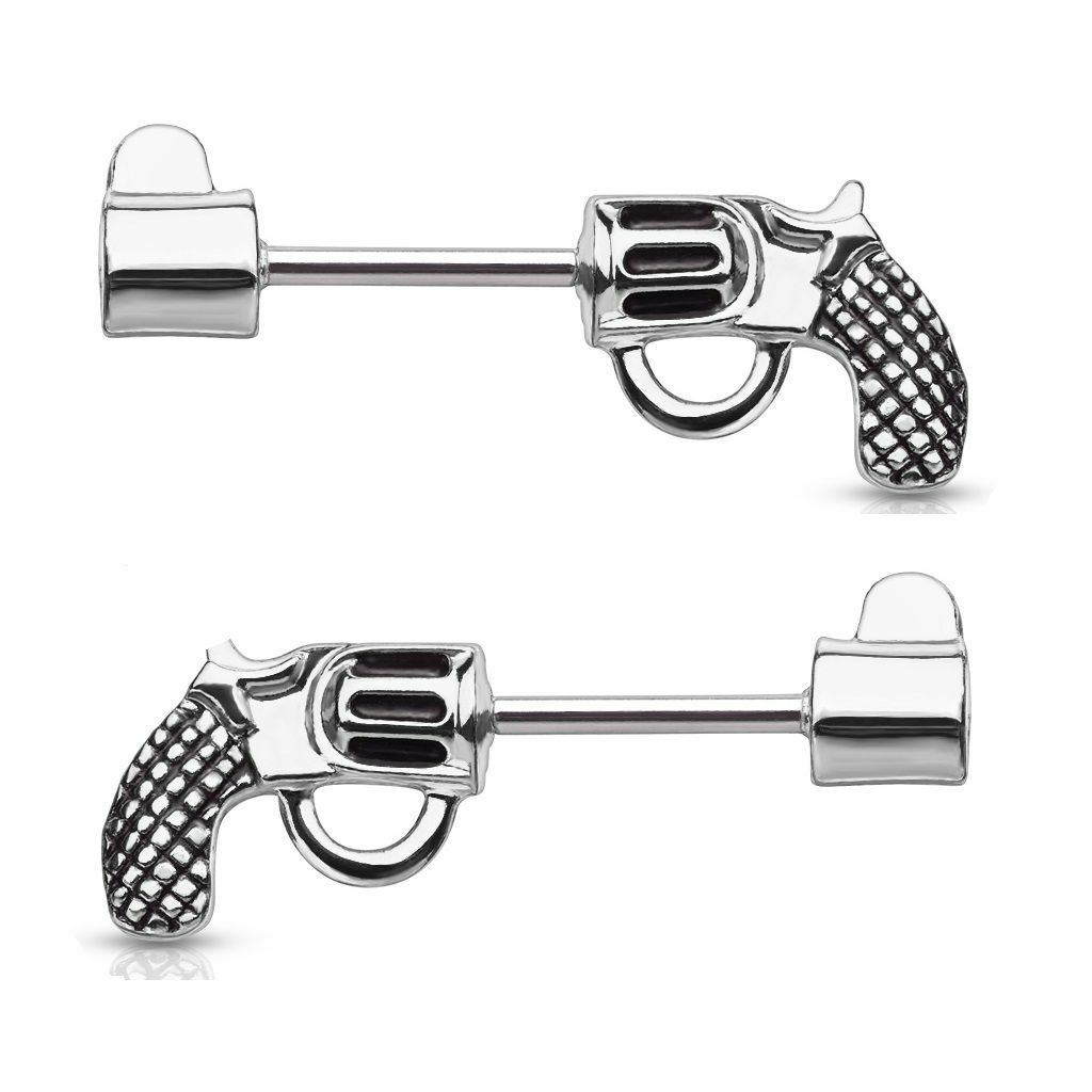 Nipple Barbells with a Pistol Design Surgical Steel 14 Gauge – Sold as a Pair