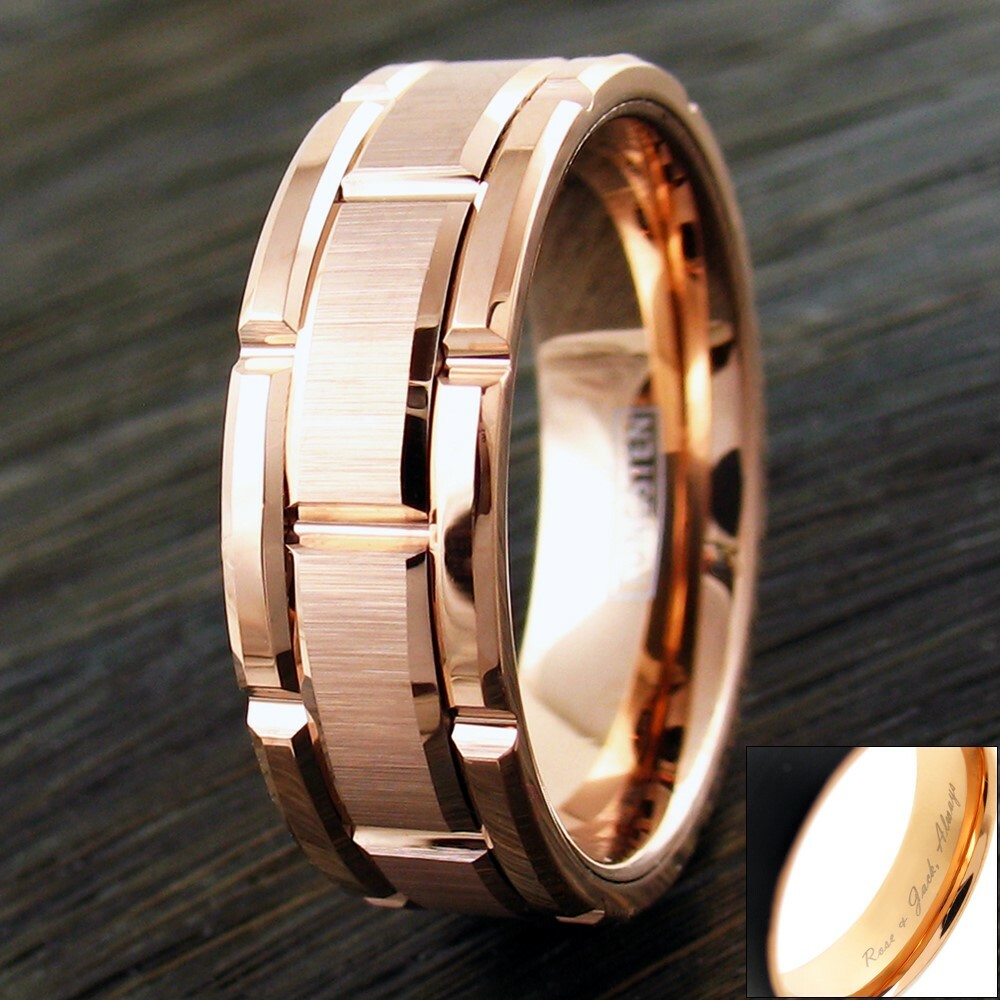 8mm Rose Gold Plated Tungsten Men’s Ring Brushed Grooved Wedding Band-Engraving