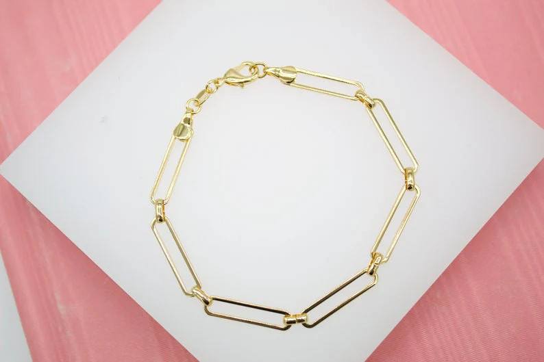 18K Gold Filled 4mm Slim Paper Clip Link Bracelet (I347)