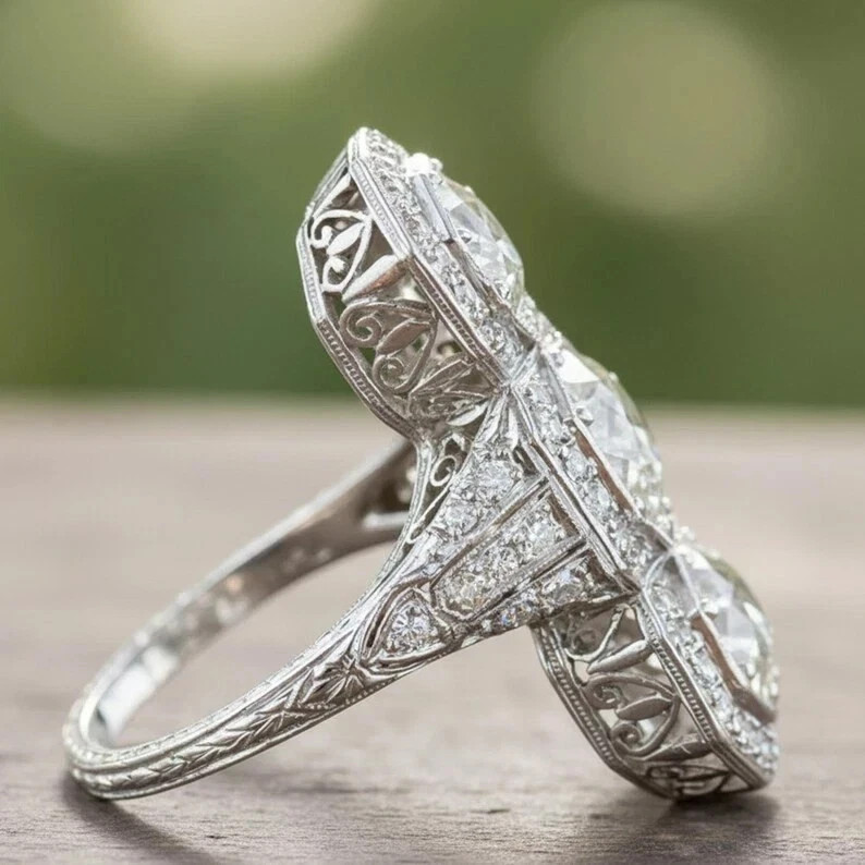Art Deco Style Round Lab Created Diamond Engagement Ring 14K White Gold Finish