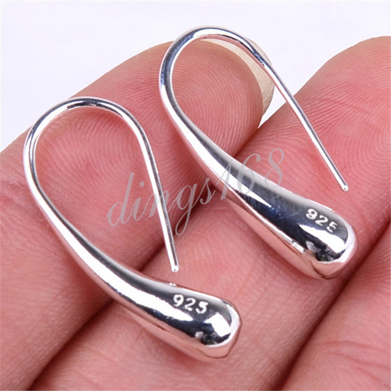 Genuine 925 Sterling Silver Elongated Teardrop Drop Charm 1″ Hoop Earrings H010