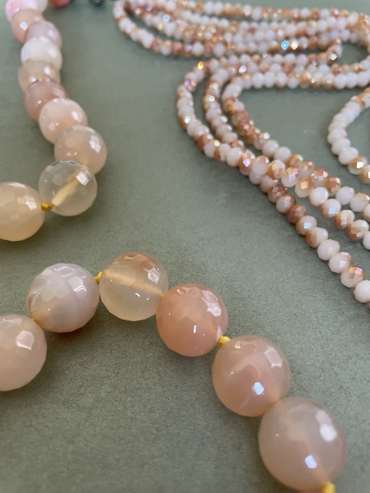 Pink Multi-Strand Agate Statement Necklace, Glass & Stone Round Beads 18 in