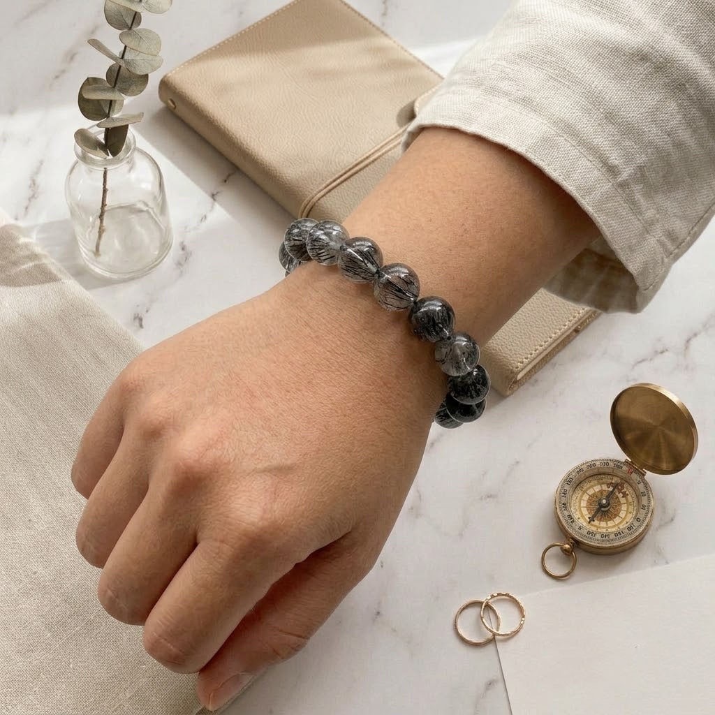 11mm Black Rutilated Quartz Bracelet Natural Crystal Round Beads 18 cm Stretch