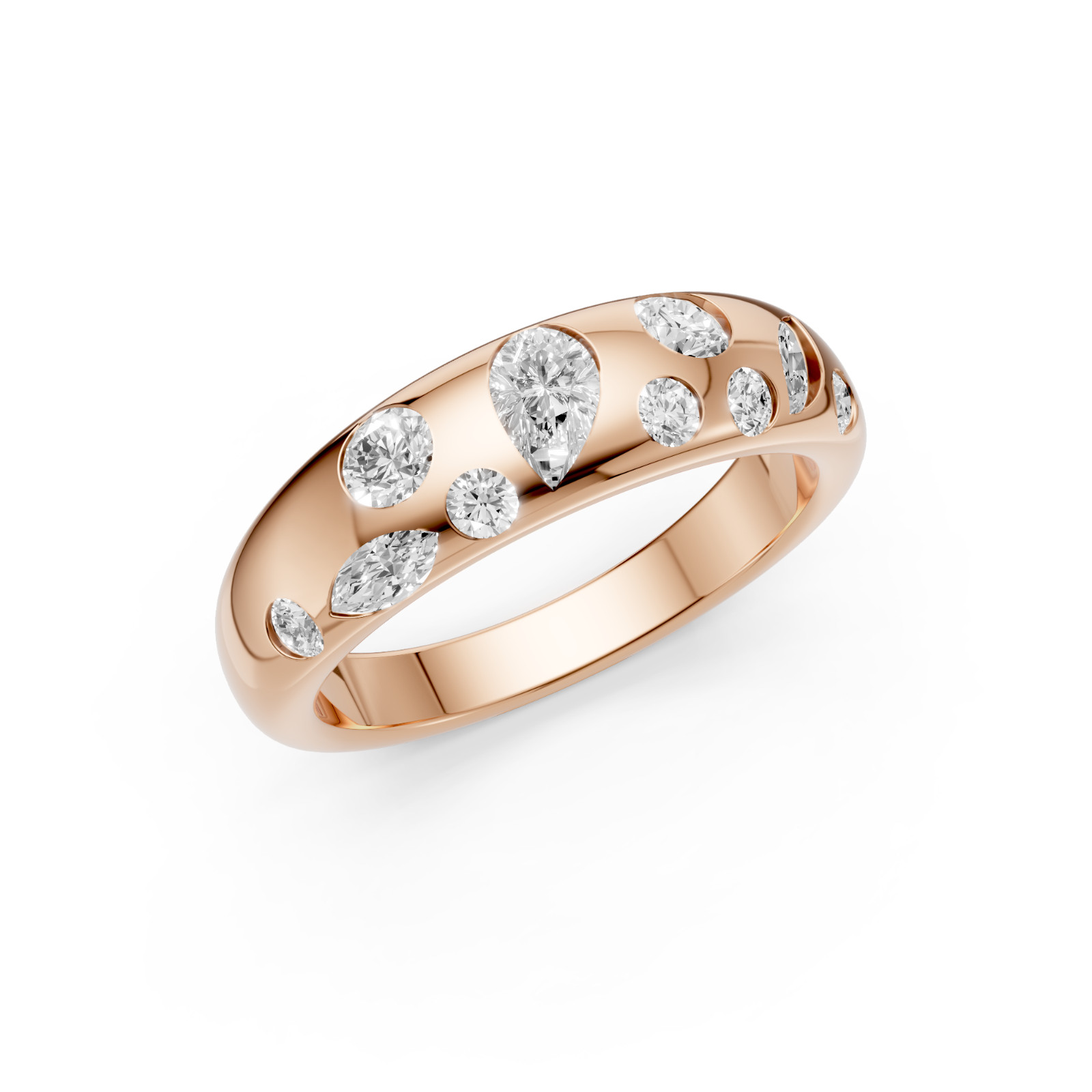 Multi Shape Lab Grown Diamond Flush Set Comfort Fit Gold Band In 14K Solid Gold