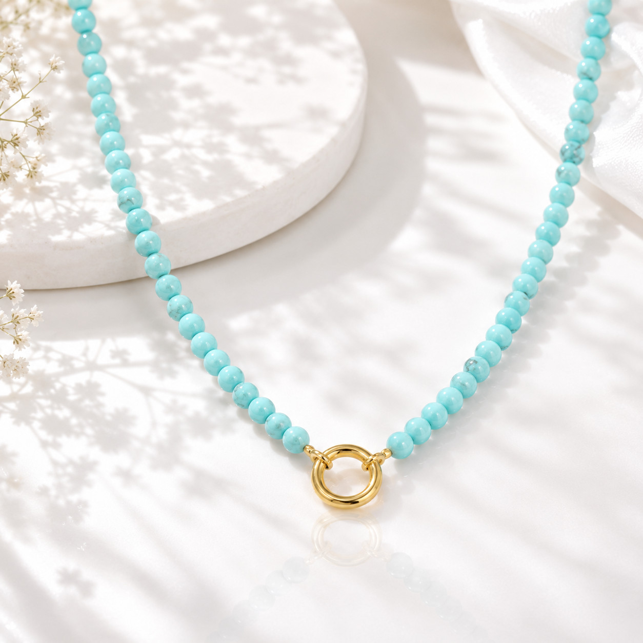Turquoise Color Bead Necklace 18K Gold Plated Charm Holder Customizable