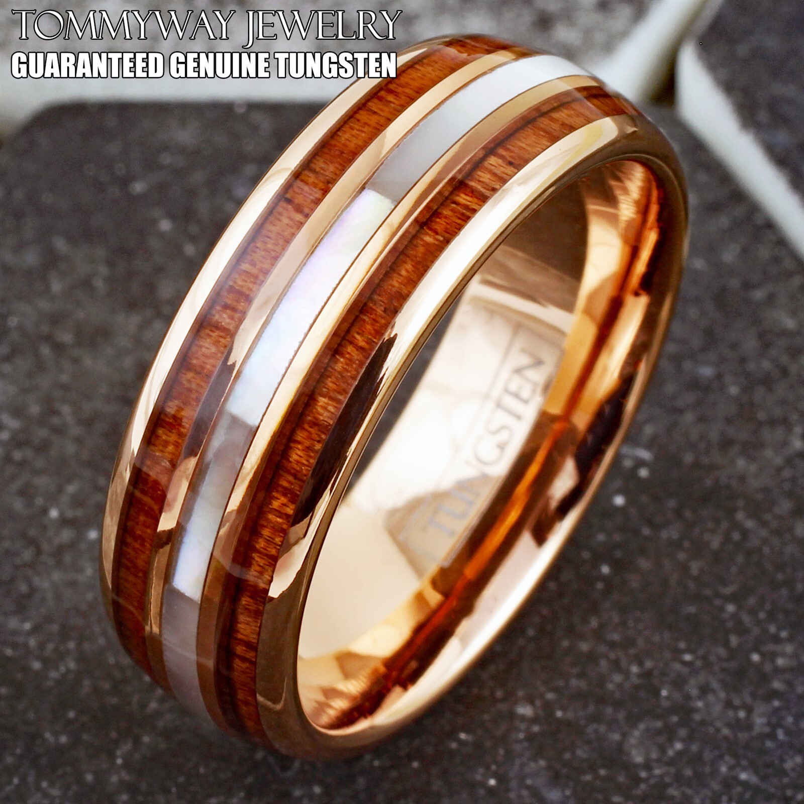 8mm Men’s Rose Gold Plated Tungsten Mother of Pearl & Koa Wood Wedding Band Ring
