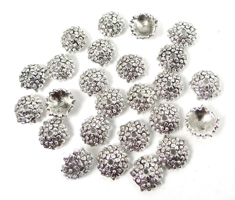20 Antique Silver Pewter Flower Bead Caps 11mm
