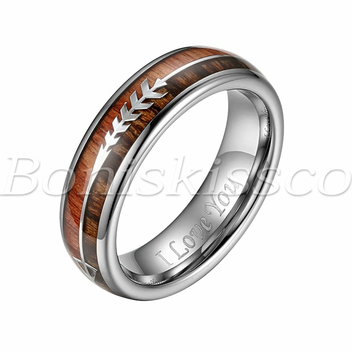 Men’s Women’s “I Love You” Dome Tungsten Ring Wood Arrow Engagement Wedding Band