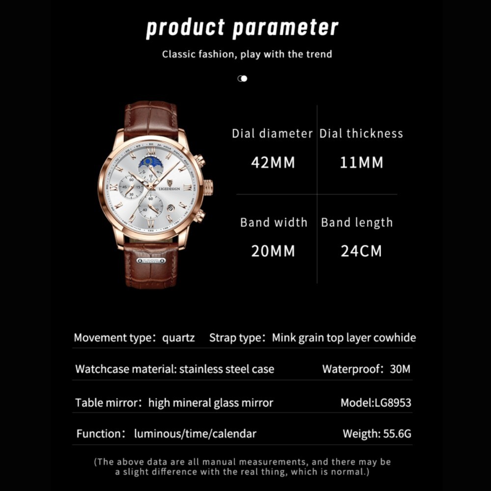 LIGE Men’s Watch Quartz Luminous Calendar 3ATM Waterproof Male Casual Wristwatch