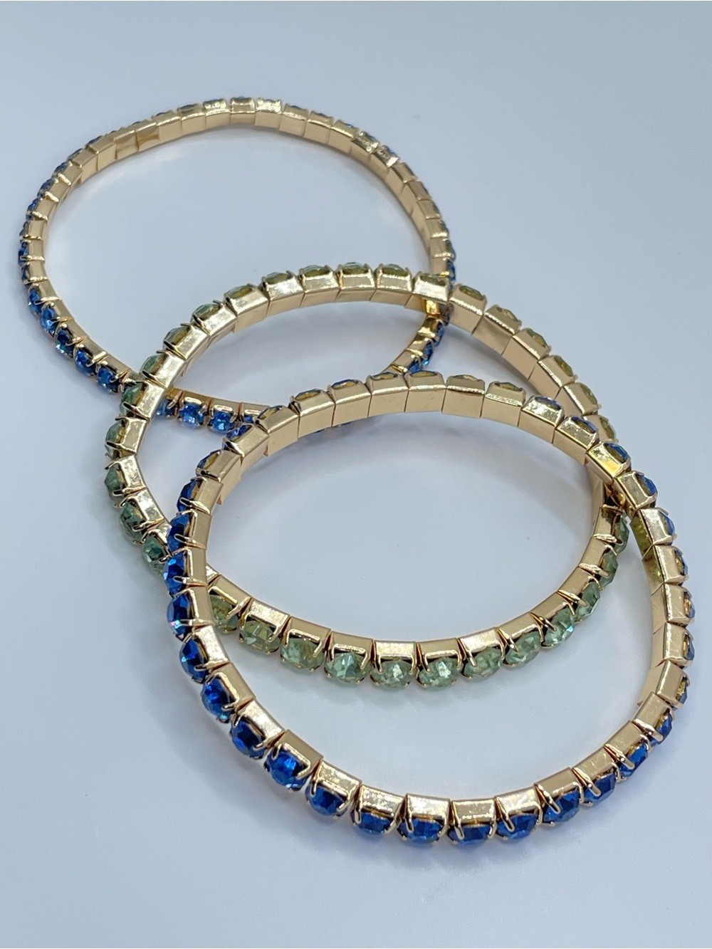 Gold Blue Green Crystal Glass Stackable Stretch Bracelet Set Boho