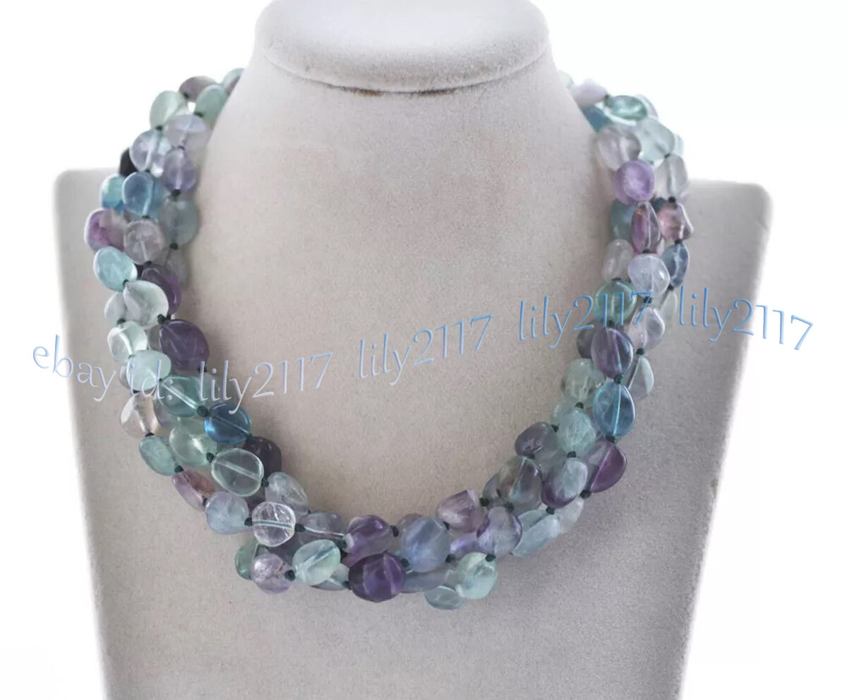 4 Rows 8-10mm Multicolor Fluorite Irregular Freeform Gems Beads Necklace 18”