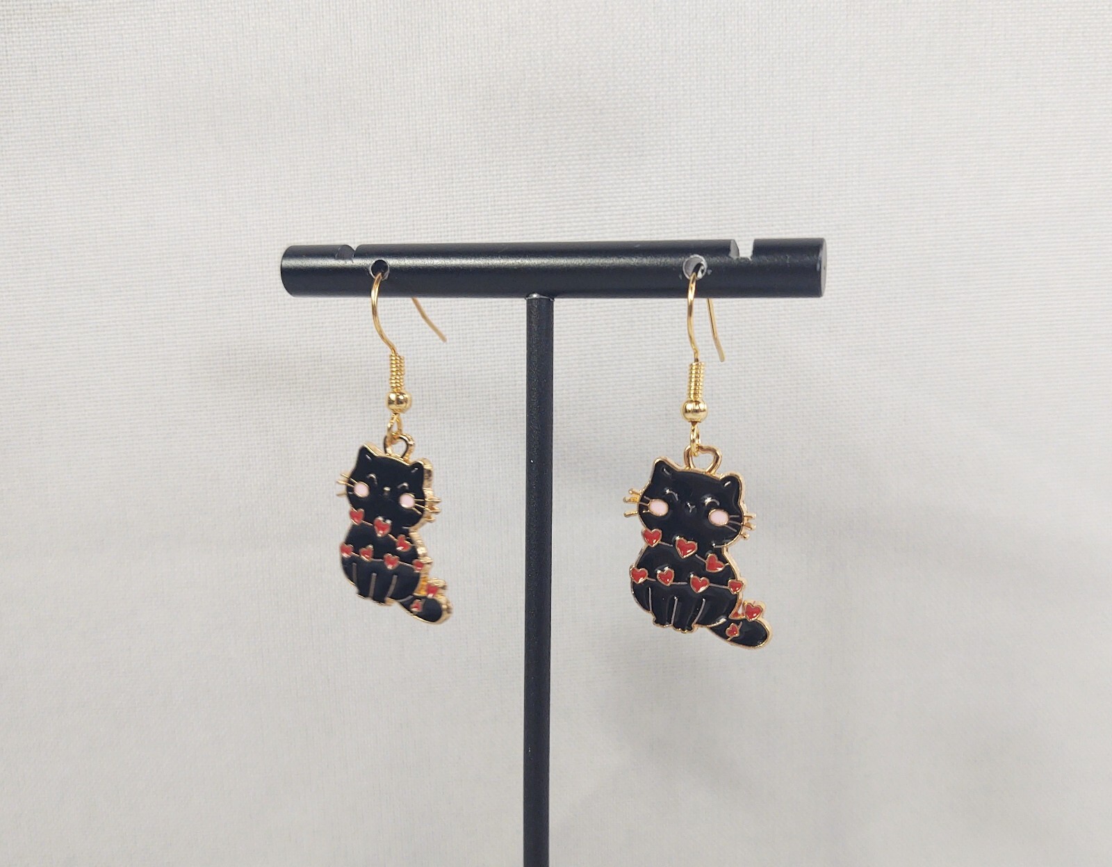 Hook Drop Dangle Pierced Earrings Black Cats Red Hearts Love Costume Jewelry
