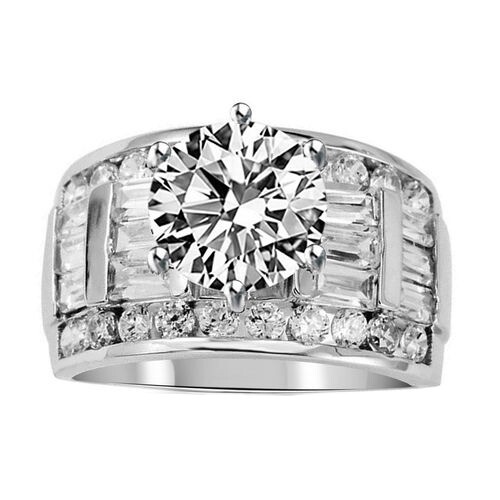 Round Simulated Diamond Solitaire With Accents Ring 14K White Gold Plated