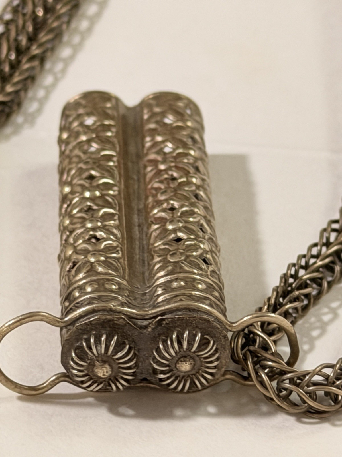 Vintage Tibetan Double Prayer Scroll Tube Necklace Fish Charms Pendant 29g Rare