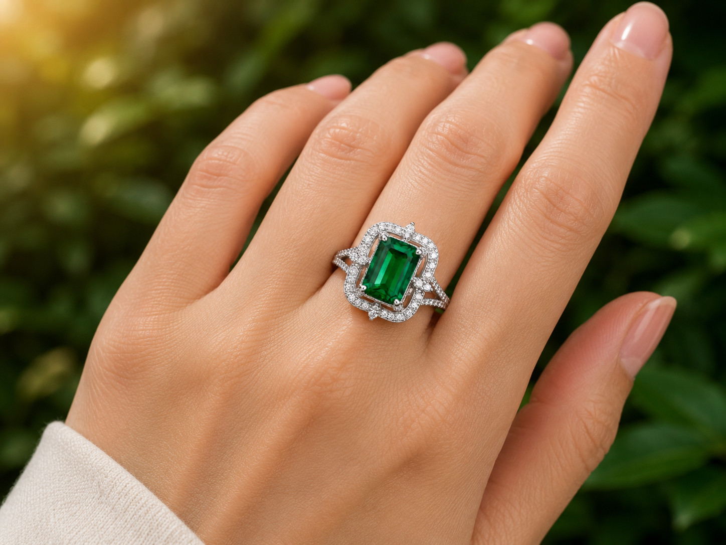 3Ct Emerald Cut Lab Created Green Emerald Halo Engagement 14K White Gold Plated
