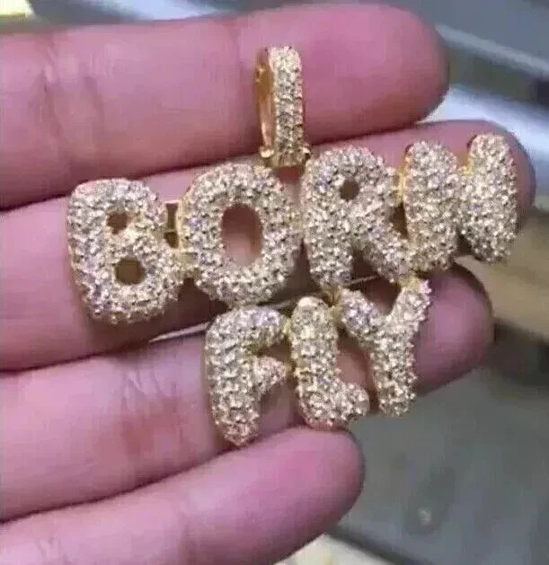3 Ct Round Cut Real Moissanite Customize Name Pendant 14K Yellow Gold Plated