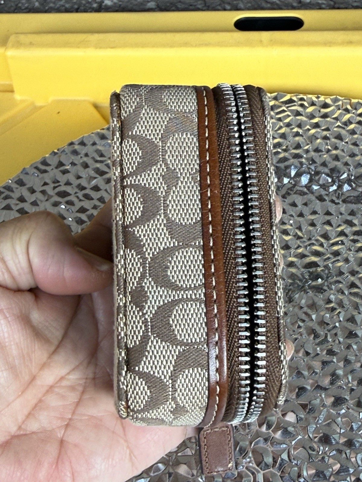 Coach Signature Logo Canvas Leather Travel Jewelry Case Zip-Around Brown Beige