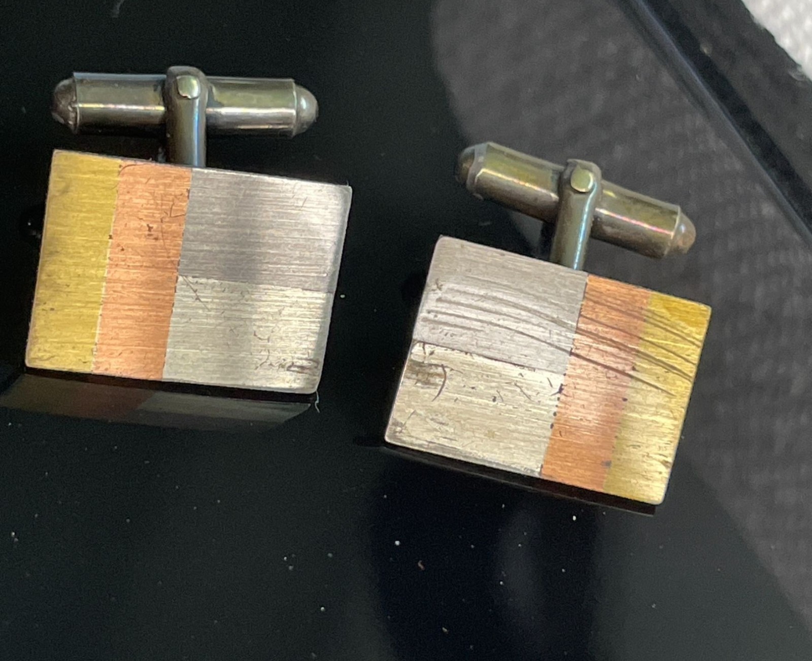 Vintage Mexico Sterling Silver Tricolor Mixed Metal Modernist Cufflinks Signed R