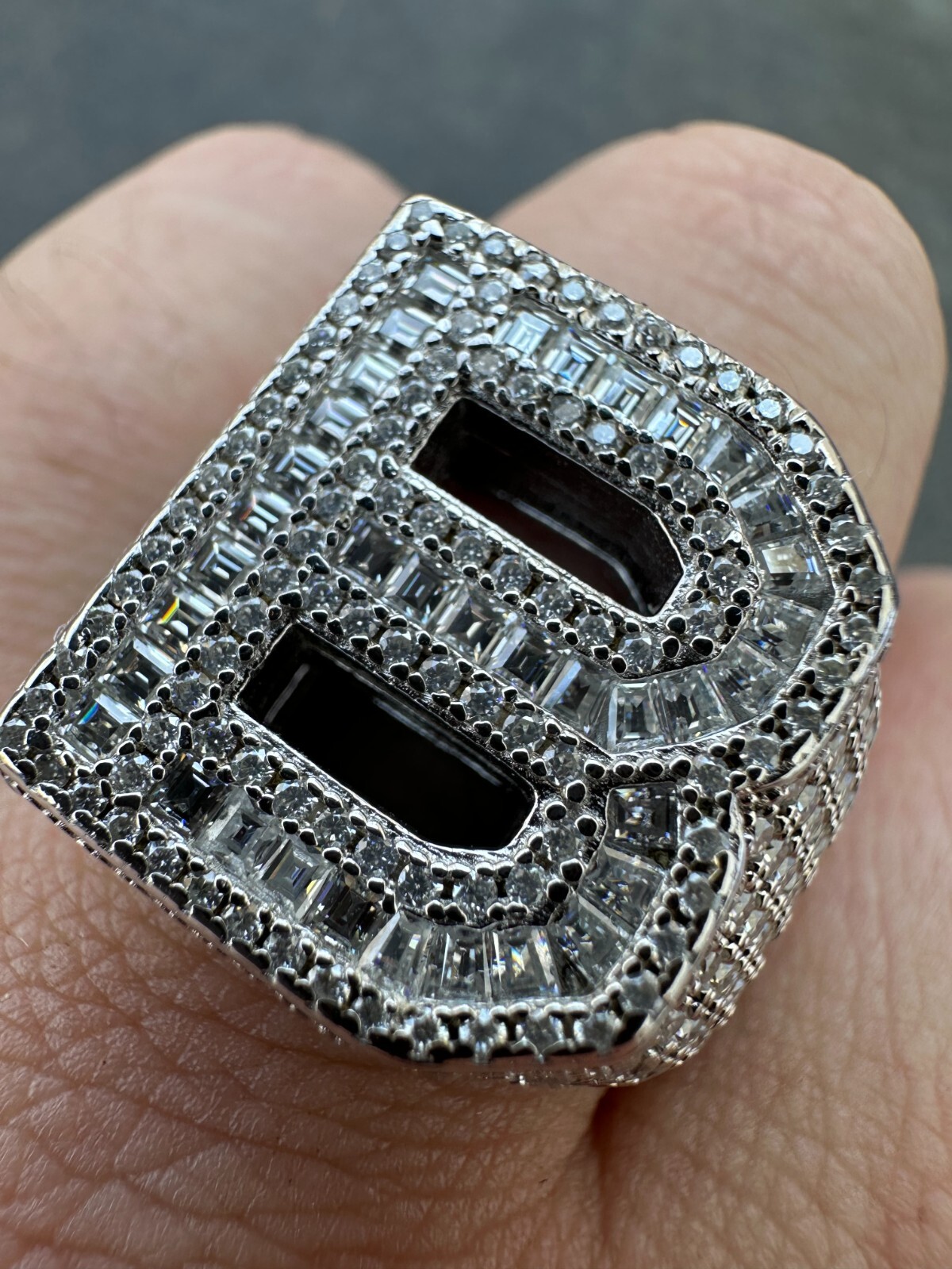 Real MOISSANITE Large Initial Letter Ring Iced Baguette Hip Hop 925 Silver A-Z