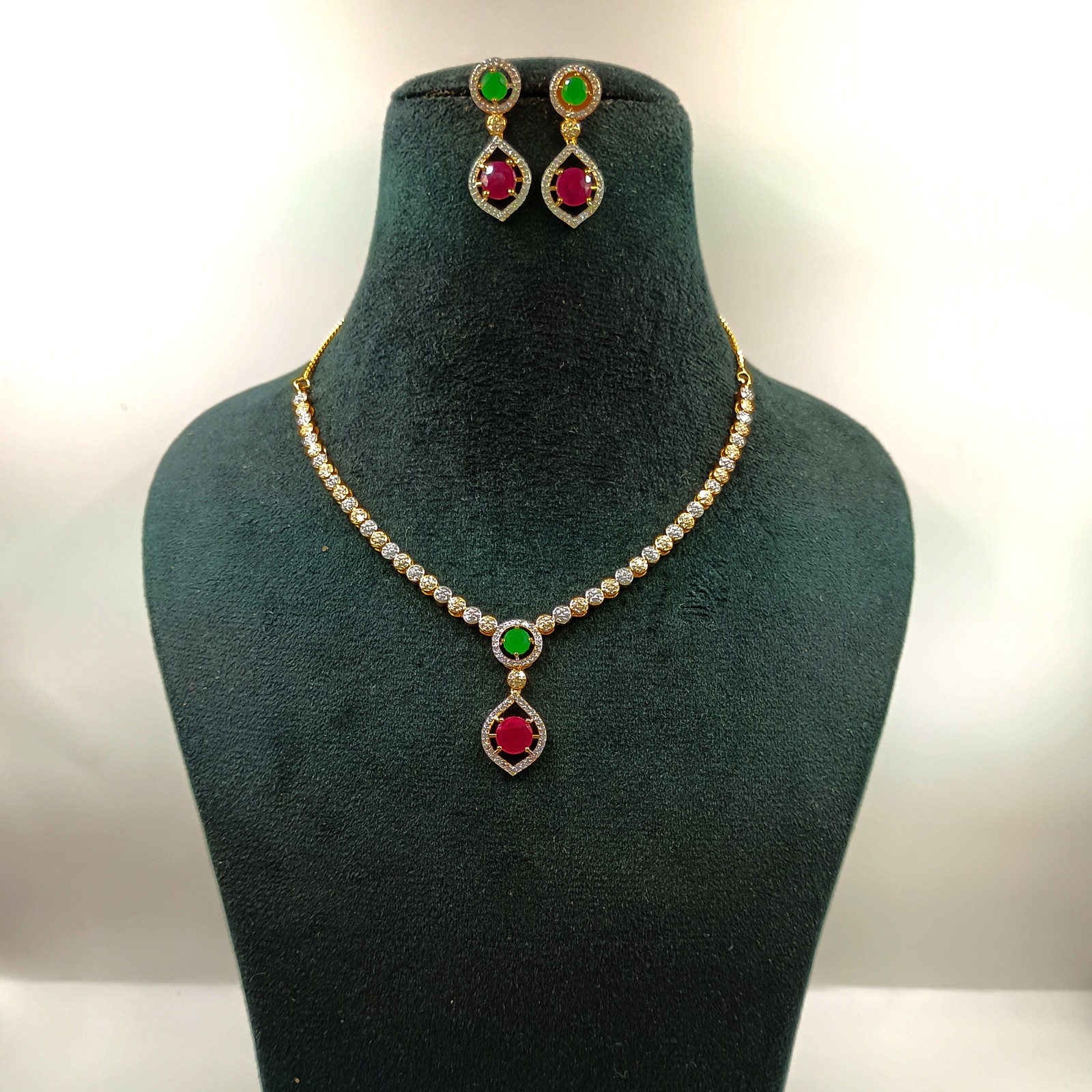 Round Stone Ruby Emerald Necklace Set 22k Gold Plated South Indian Jewelry
