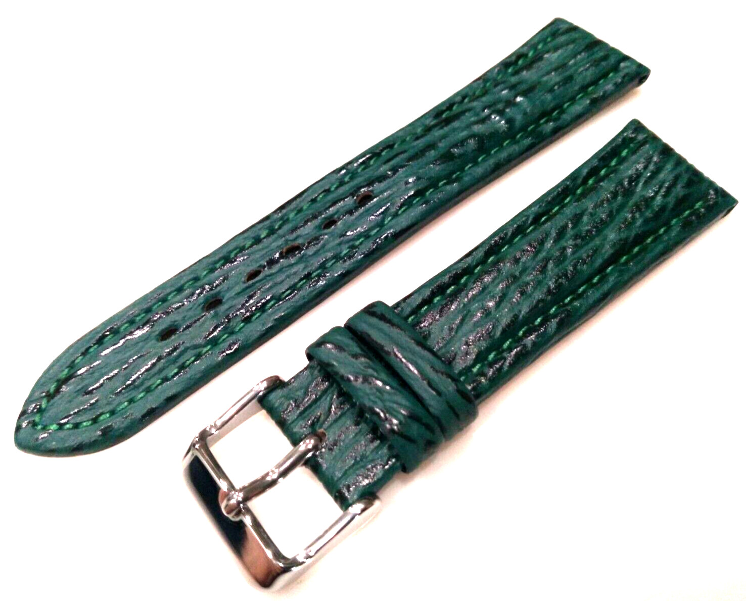 Green Genuine Shark Sharkskin 20mm Regular Padded Watch Band Silver Tone Buckle