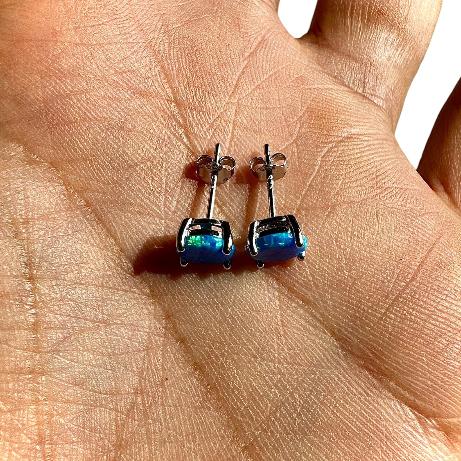 Blue Opal Stud Earrings 7mm 925 Sterling Silver Round Earrings for Women