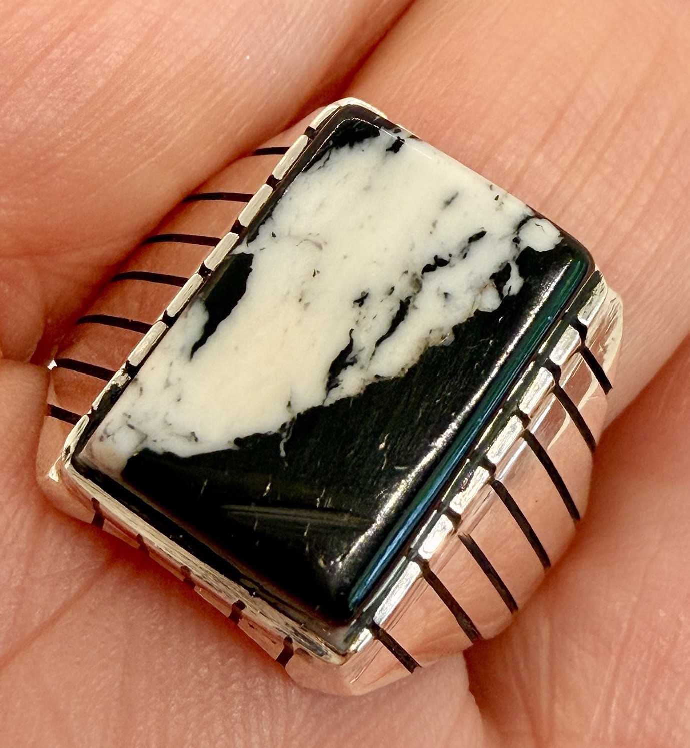 Navajo White Buffalo Turquoise Men’s Ring Size 10 Sterling by Trevor Jack 8.6g