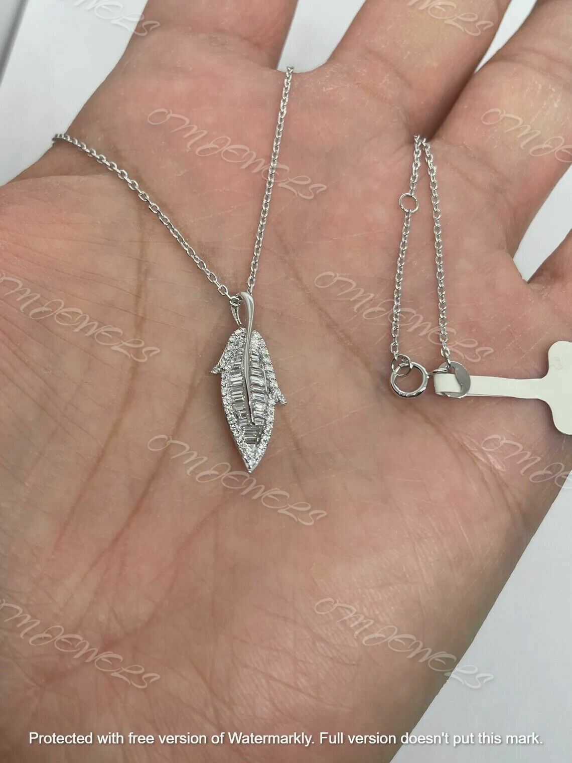 1Ct Round Baguette Cut Diamond Leaf Pendant 18K White Gold Finish 18″ Free Chain