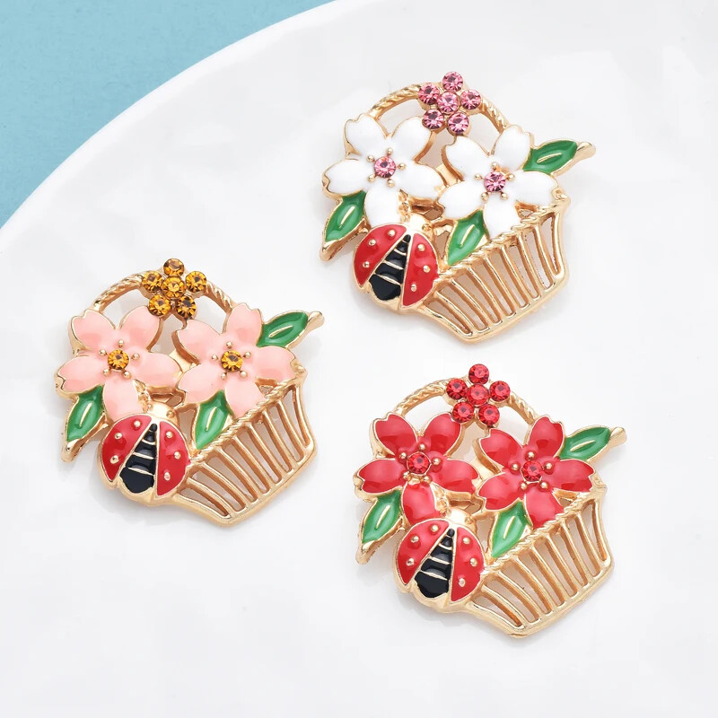 Easter Spring Ladybug Flower Basket Brooch Sparkling Rhinestone Pin Jewelry Gift