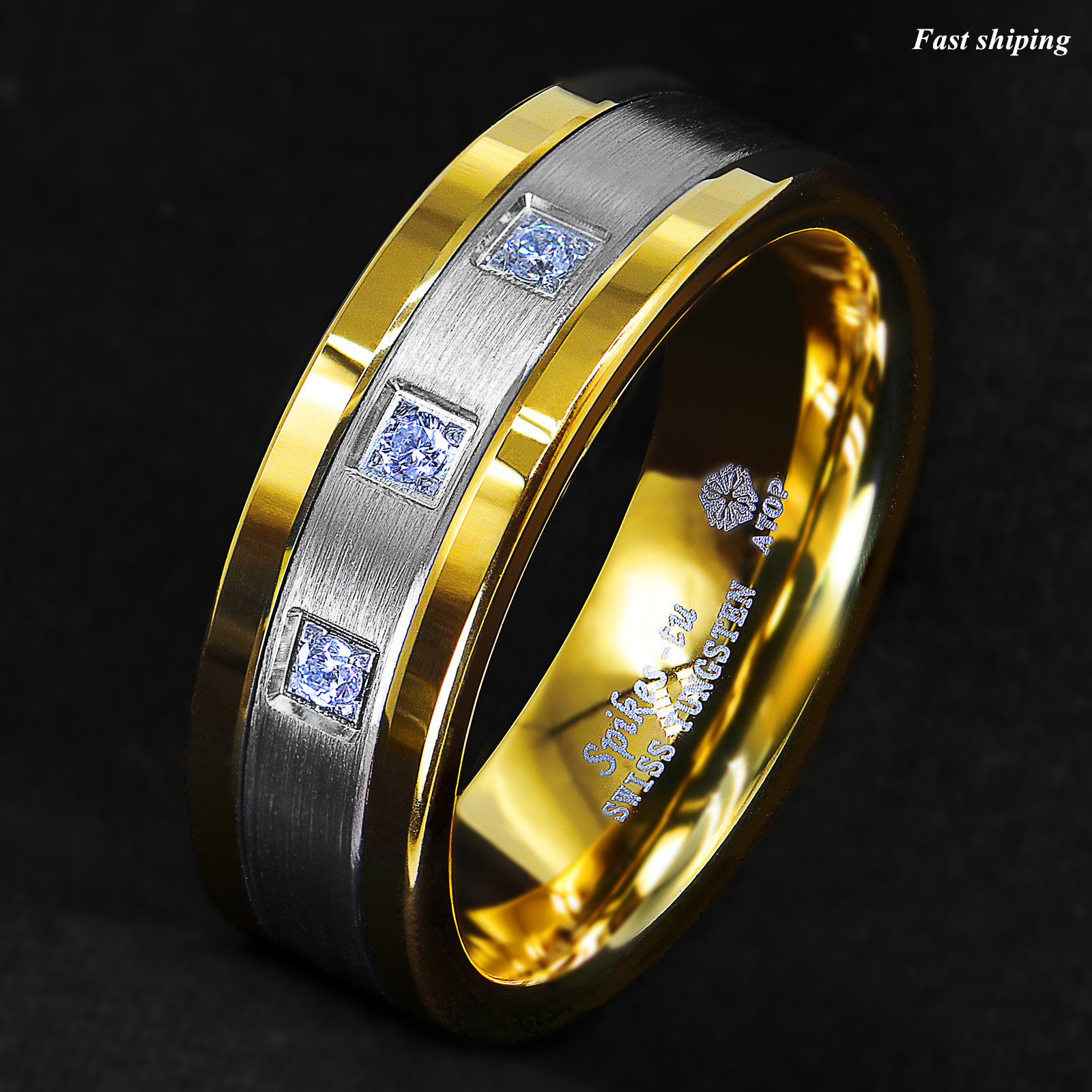 8mm Plated Metal Tungsten Ring Brushed Cubic Zirconia ATOP Men Wedding Band