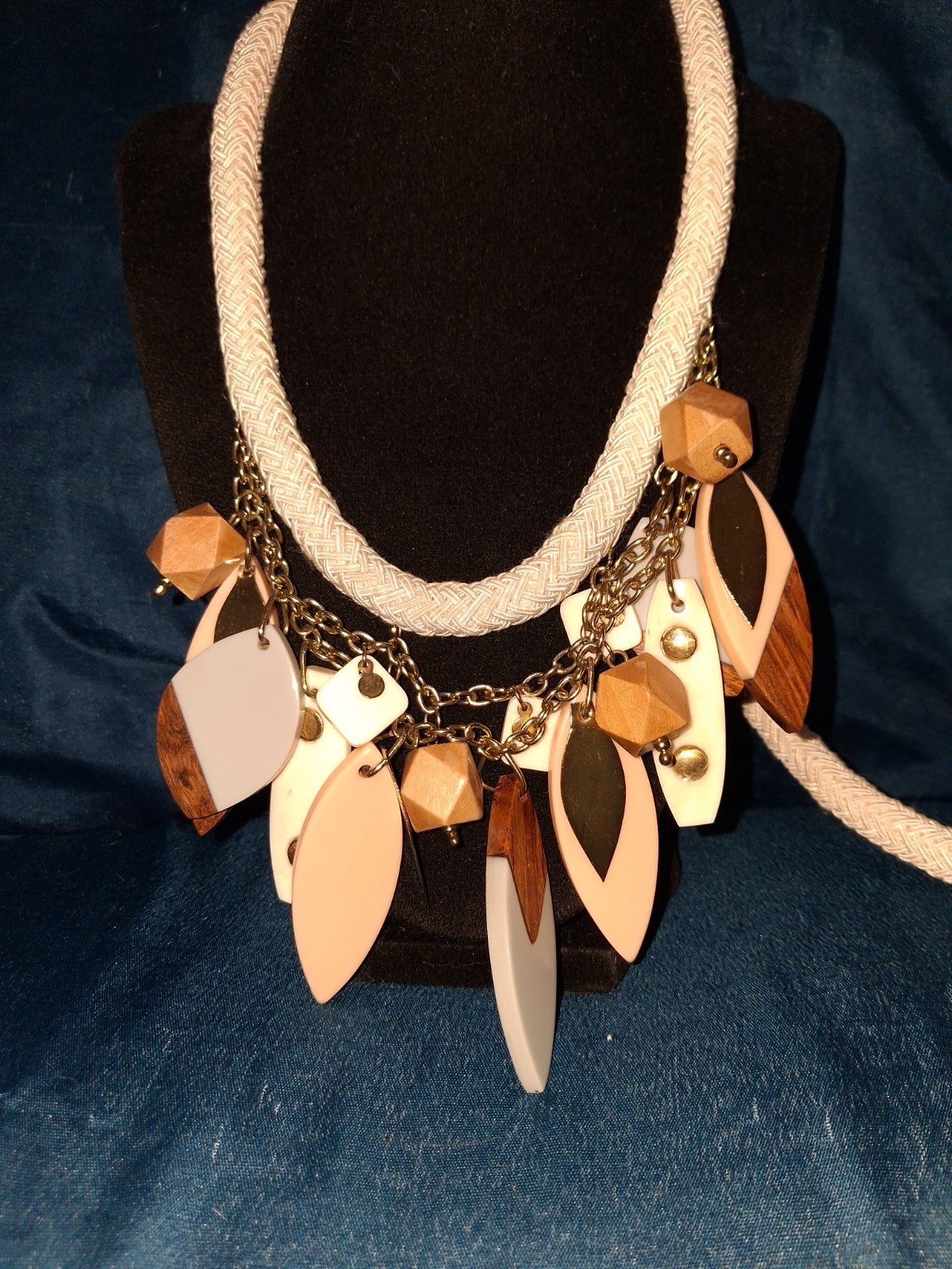 Multicolor Rope Statement Bib Charm Necklace Asymmetrical Wood Accents