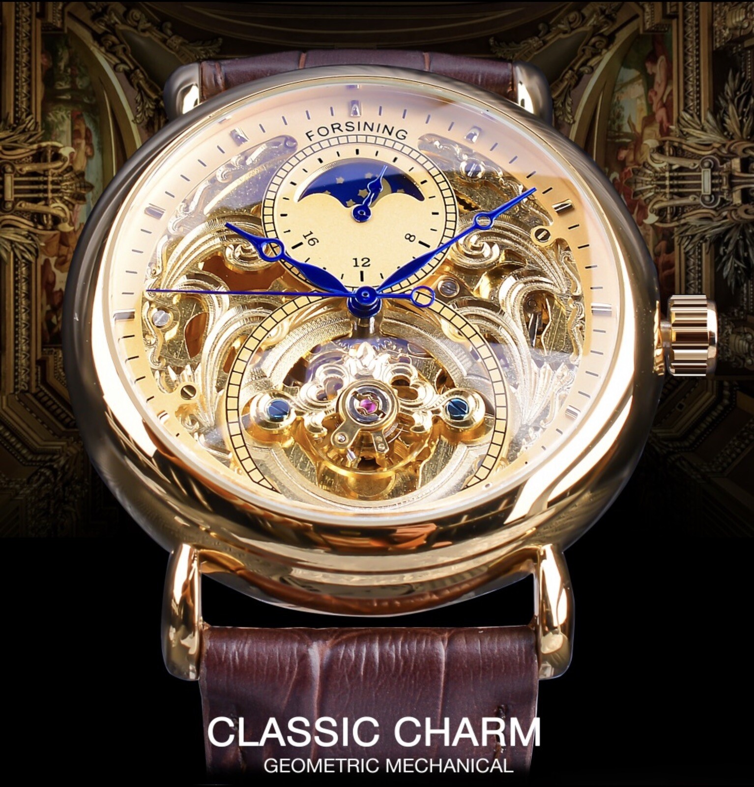 ⌚￼ Forsining Men’s Automatic Self Winding Moon Dial Self Winding Business Watch