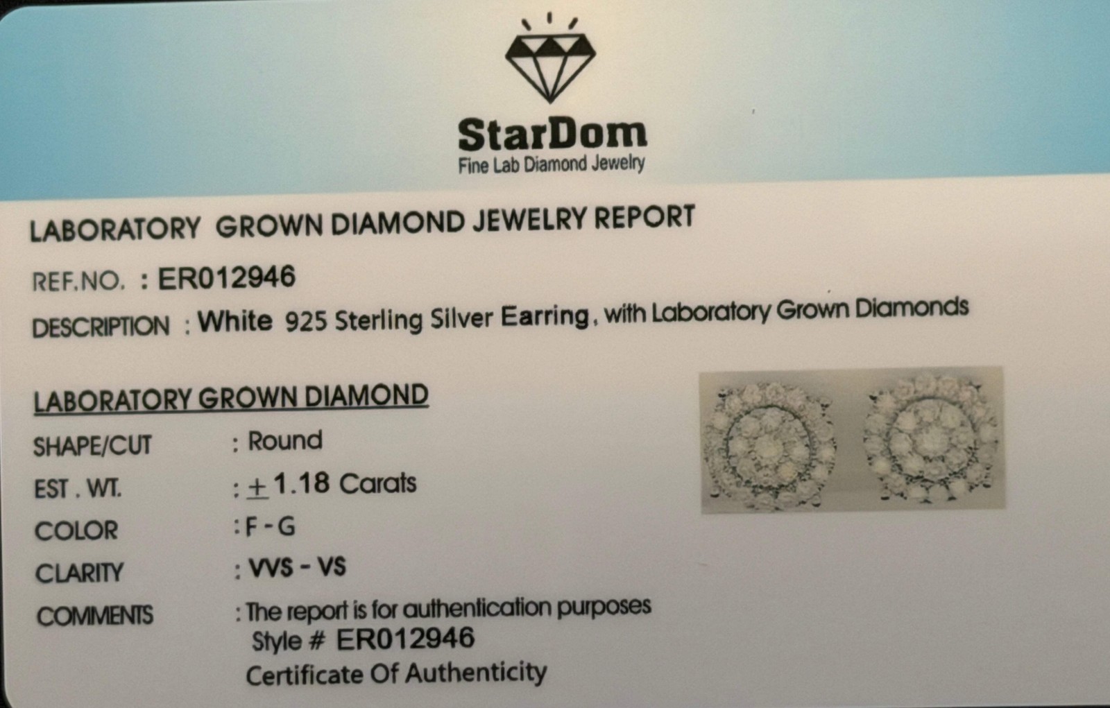 1.18 CARAT CERTIFIED LAB GROWN DIAMONDS 11 MM STERLING SILVER RHODIUM PLATED STU