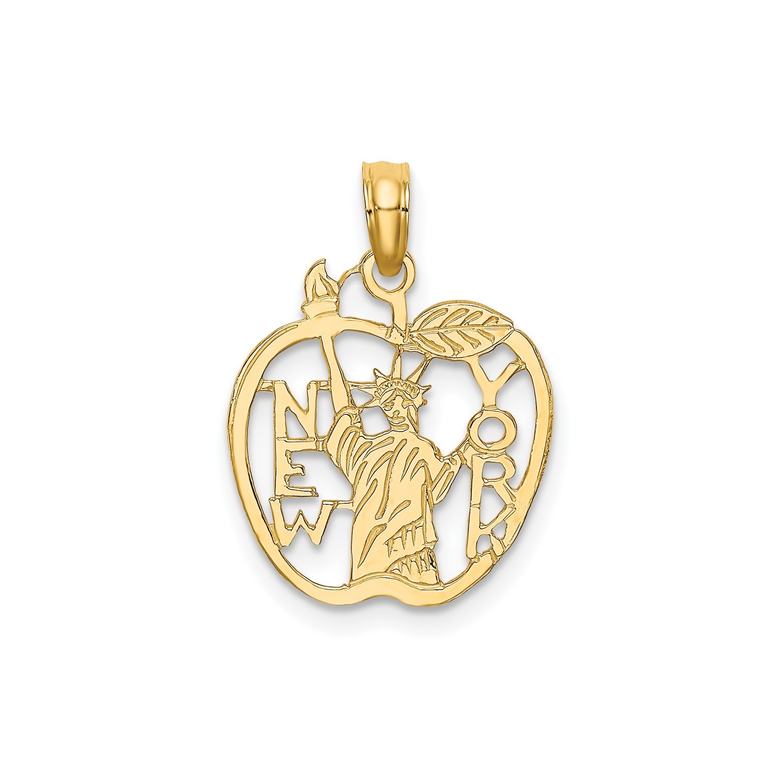 10k Yellow Gold Big Apple Pendant Statue of Liberty NYC Souvenir Charm Jewelry