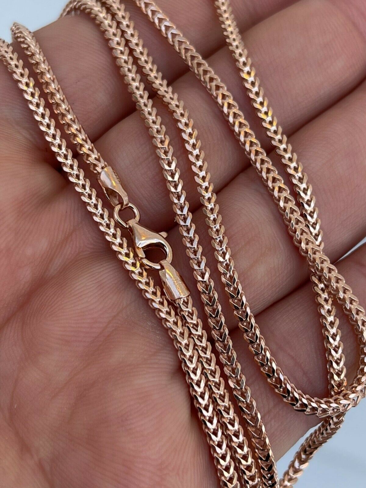 Franco Chain Real 14K Rose Gold Plated Solid 925 Sterling Silver 2mm Necklace
