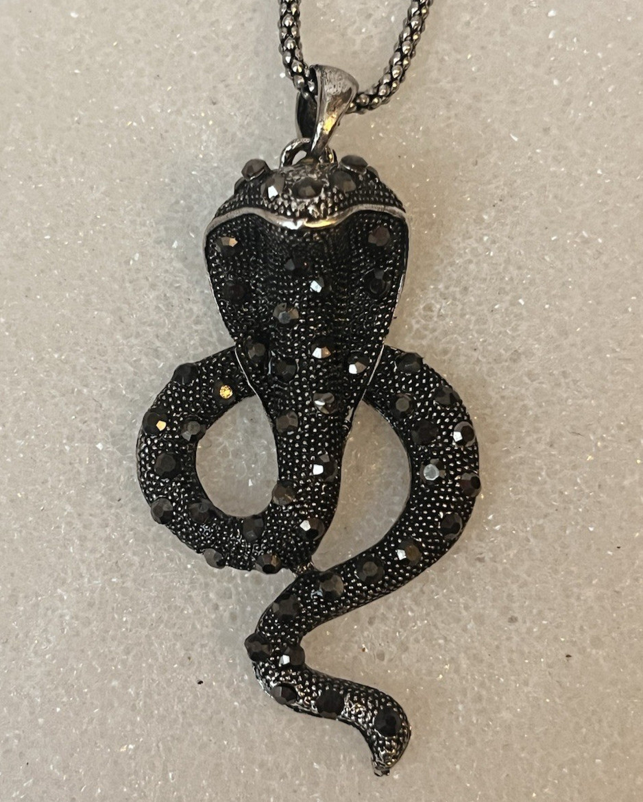King Cobra Snake Pendant Necklace Black Rhinestones Adorned 28 Inch Adjustable