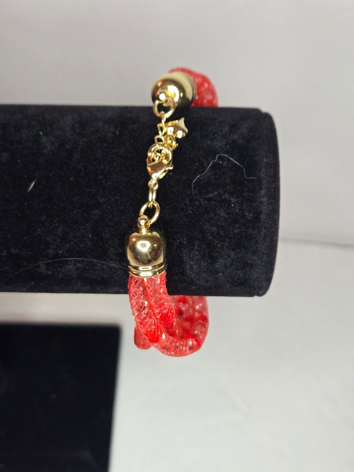 Red Mesh Bracelet with Red Rhinestone Heart Charm Gold Tone Clasp