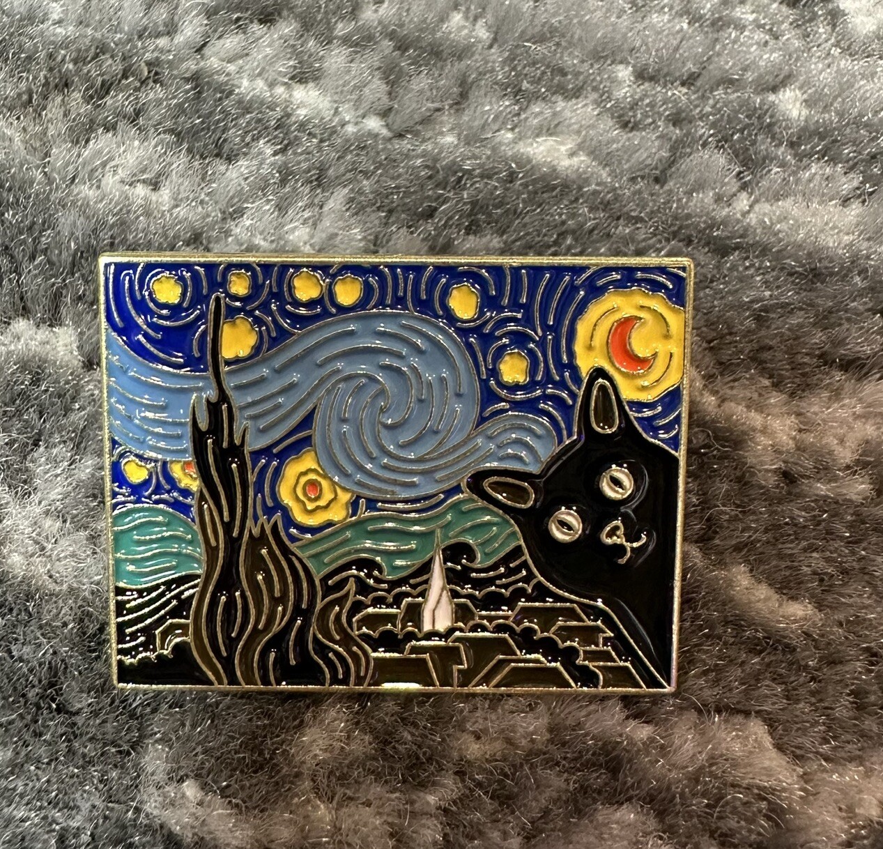 Cat Enamel Pin Starry Night With Black Kitten Face Brooch Lapel Badge Jewelry