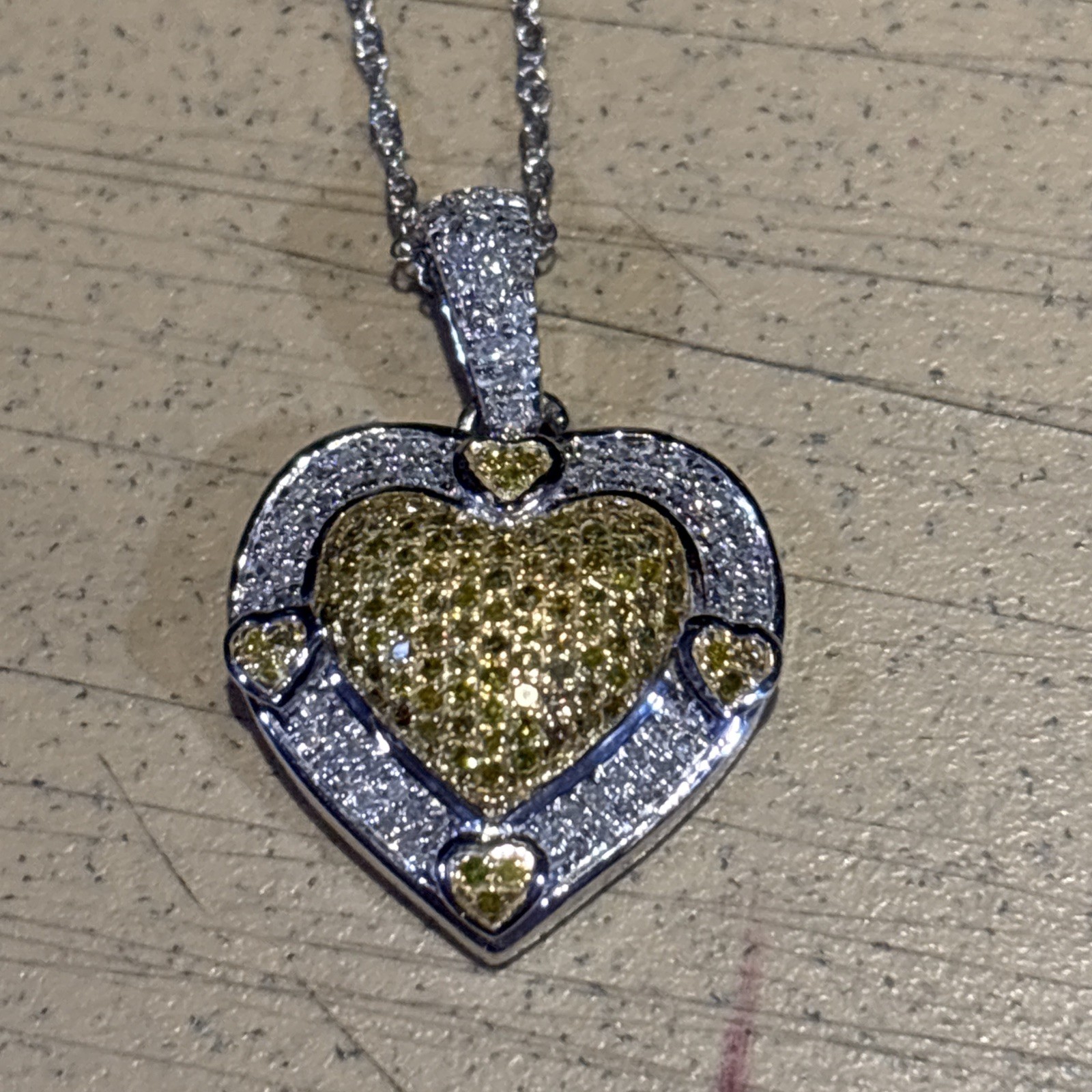 .50 CTW Round Single Yellow Diamond And White Rhodium Over Silver Heart Necklace